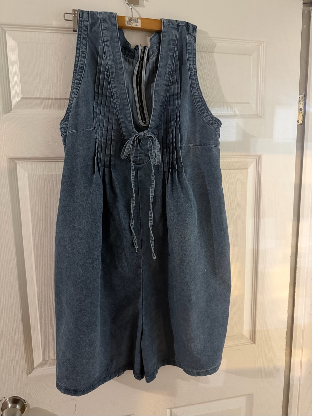 Denim Romper with Pintuck Front and Tie